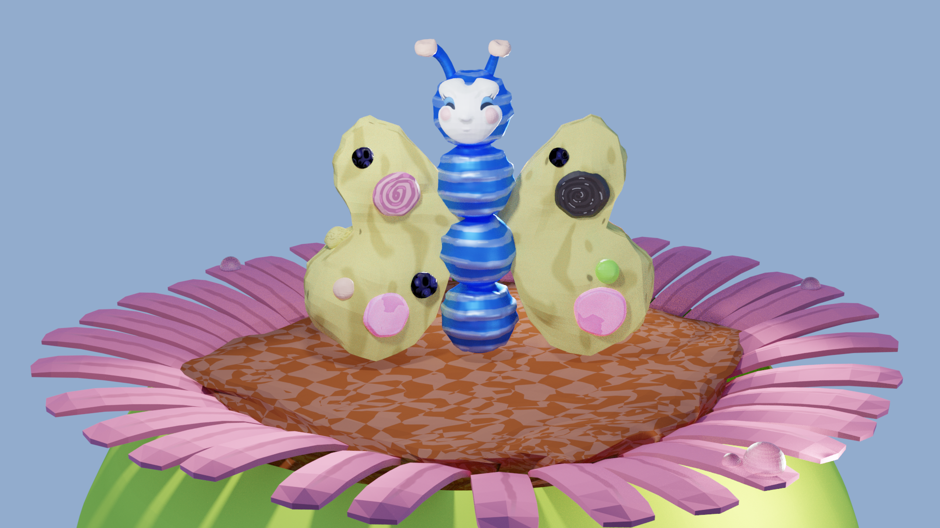 3D character of a blue butterfly with yellow wings
